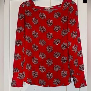 LOFT Red paisley blouse with button cuff and curved hem